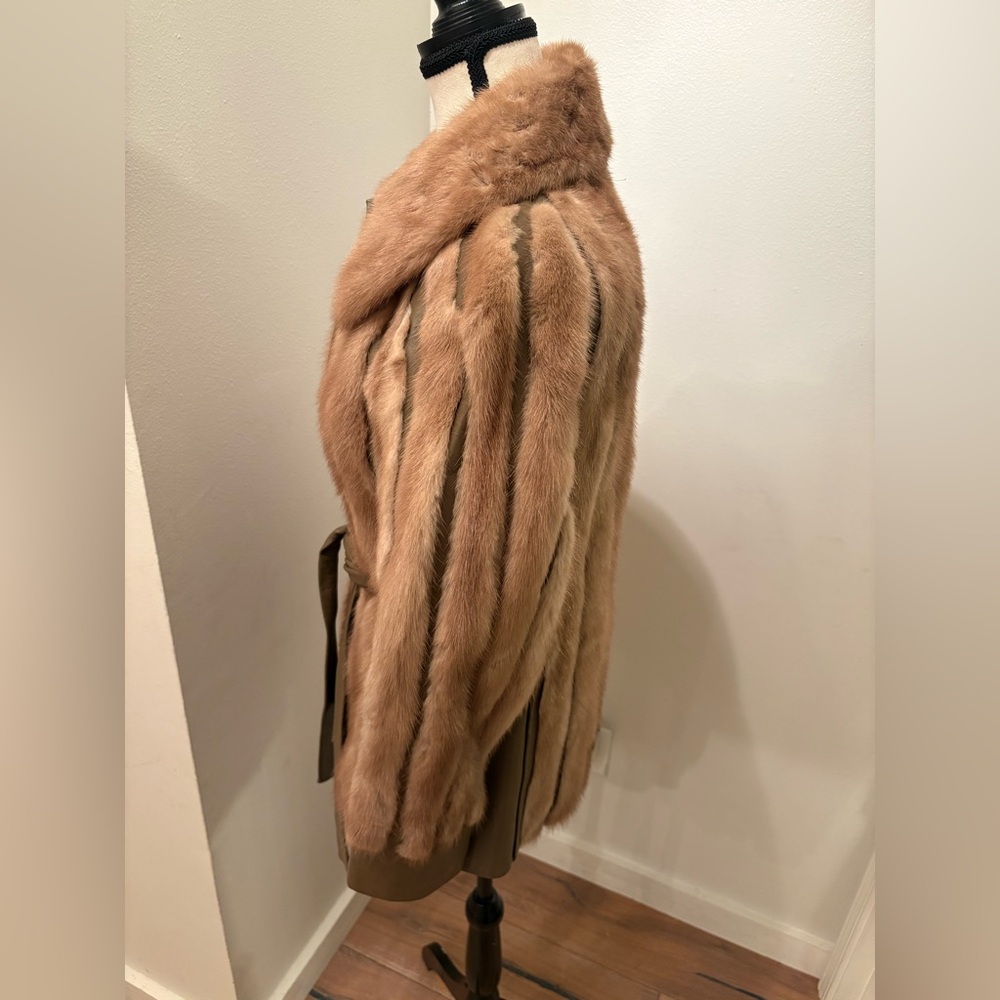 Vintage Mink Fur & Leather Coat Belted Brown Jacket - Picture 3 of 11